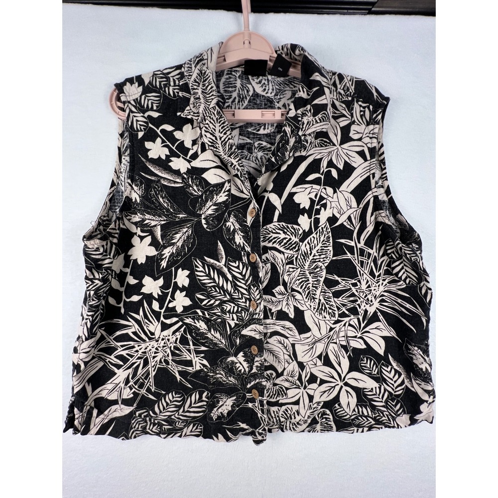 Erika Womens XL Tropical Linen Blend Sleeveless Button Down Top Black White Crop
